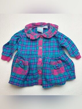 Baby Kisses 90s Teal and Pink Plaid Button-Front Girls' Dress 6/9 months